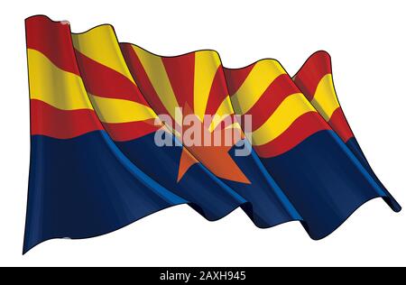 Illustrazione vettoriale di una bandiera Ondeggiante dello Stato dell'Arizona. Tutti gli elementi si possono sistemare in modo ordinato su livelli e gruppi ben definiti. Illustrazione Vettoriale