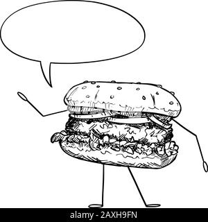 Illustrazione vettoriale di hamburger cartoon o hamburger carattere con bolla del parlato. Stile di vita sano e junk o fast food pubblicità o marketing design. Illustrazione Vettoriale