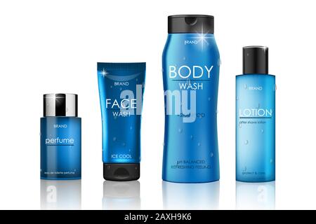 Configura il mockup per la confezione delle bottiglie cosmetiche blu per il tuo design. Shampoo, profumo, body wash, lozione bottle template. Illustrazione vettoriale. Illustrazione Vettoriale