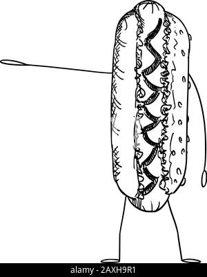 Illustrazione vettoriale di hot dog cartone animato o carattere di cibo hotdog mostrando o indicando qualcosa a mano. Stile di vita sano e junk o fast food pubblicità o marketing design. Illustrazione Vettoriale