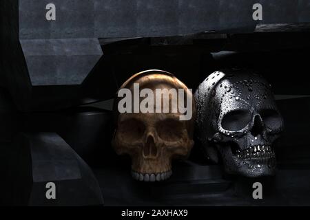 3D che rende il vecchio cranio e il cranio nero con diamanti e denti d'argento su uno sfondo scuro di pietra Foto Stock