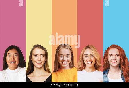 Allegre ragazze multirazziali sorridenti su sfondi colorati, collage Foto Stock