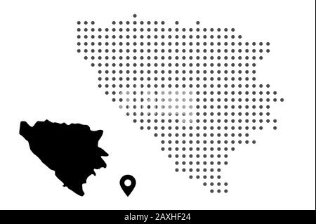 Mappa Bosnia punteggiata su sfondo bianco vettore isolato. Illustrazione per il design tecnologico o infografica. Silhouette nero e puntatore mappa Illustrazione Vettoriale