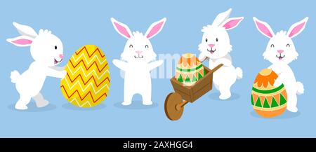 Cute White Easter Bunny Collection su sfondo blu - Flat Vector Illustration Illustrazione Vettoriale