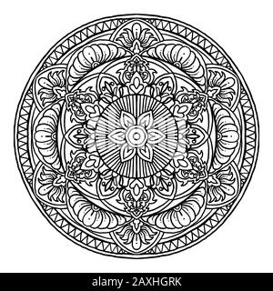 Profilo Mandala ornamento decorativo tondo, può essere utilizzato per colorare il libro, anti-stress terapia, biglietto di auguri, telefono stampa caso, ecc Stile Disegnato A Mano Illustrazione Vettoriale