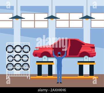 scenario di officina di riparazione auto con carrozzeria e meccanico in  piedi con carrello attrezzi Immagine e Vettoriale - Alamy