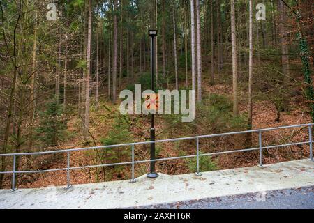 Rathen, Germania. 11th Feb, 2020. Nella fase rocciosa nella località di salute Rathen, un cartello di divieto con il significato di 'fuoco' è attaccato a un palo luminoso sul lato strada. In molti luoghi del Parco Nazionale della Svizzera sassone, gli incendi aperti sono generalmente vietati e puniti con severe sanzioni. Credito: Daniel Schäfer/Dpa-Zentralbild/Dpa/Alamy Live News Foto Stock