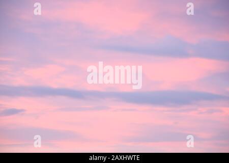 Il cielo della sera, dalle tonalità pastello, presenta soffici nuvole rosa al tramonto, soffici sfondi o carta da parati Foto Stock