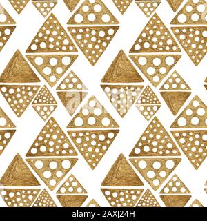 Oro etnico dipinto a mano senza cuciture. Astratto rombus sfondo dorato. Tessitura geometrica tribale azteca. Foto Stock