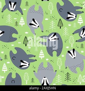 Modello senza cuciture con badgers carino nella foresta Illustrazione Vettoriale