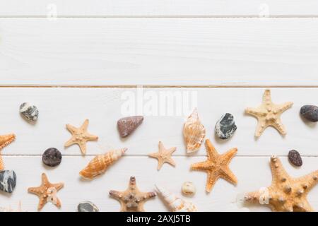 Piatto di laici vari seashell e stelle marine bianco sul tavolo di legno, vista dall'alto. Copia di sfondo spazio, concetto d'estate. Foto Stock