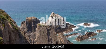 Coste rocciose frastagliate vicino ad Azenha do Mar, Alentejo Littoral, Portogallo, Europa meridionale con cicogne bianche (Ciconia ciconia) che nidificano sulle scogliere Foto Stock