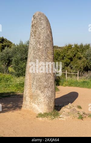 Pietra neolitica alta 4 metri chiamato il Menir dos Almendres, vicino Evora, Alentejo, Portogallo, Europa meridionale Foto Stock