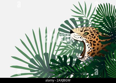 Mondo tropicale fantasy. Confine vettoriale con leopardo e piante esotiche Illustrazione Vettoriale