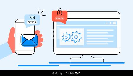 Codice pin di verifica, messaggio codice di sicurezza. Laptop e smartphone con e-mail, chat bubble. Verifica online nel sistema di controllo per personale Illustrazione Vettoriale