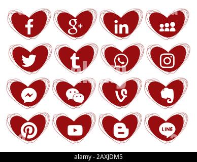 Raccolta di icone popolari di social media su sfondo bianco. 16 pezzi. Cuori doodles icone. Rosso Illustrazione Vettoriale