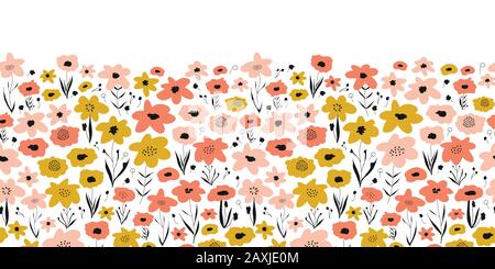 Primavera fiore prato senza cuciture vettore confine. Rosa corallo oro giallo bianco motivo floreale. Ripetizione ditsy campo di fiori. Design naturale estivo o primaverile Illustrazione Vettoriale