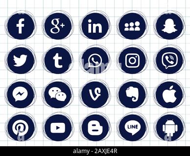 Disegno sul foglio del notebook. Raccolta di icone popolari di social media su sfondo bianco Facebook, Instagram, Linkedin, Pinterest, Twitter, Line Illustrazione Vettoriale