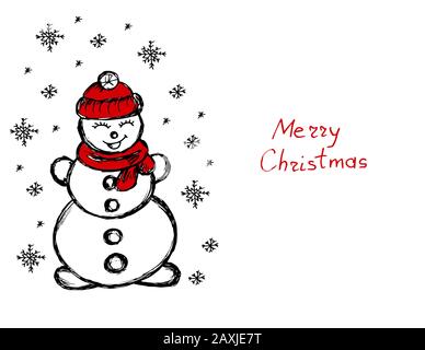 Pupazzo Di Neve. Sta nevicando. Fiocchi Di Neve. Illustrazione invernale. Disegno a mano. Immagine Doodle. Buon Natale Illustrazione Vettoriale