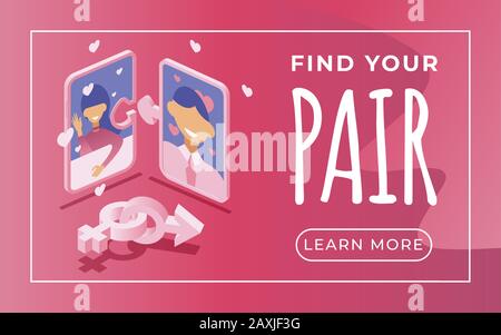 Modello di landing page dell'applicazione di datazione con spazio di testo. Rappresentazione vettoriale isometrica di profili uomo e donna sorridenti con segni d'amore. Felice uomo e donna che si trovano reciprocamente sito web page design. Illustrazione Vettoriale