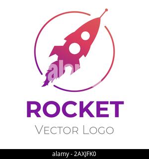 Modello di disegno vettoriale del logo Rocket. Logotipo con lancio razzo in cerchio e tipografia isolato su sfondo bianco. Scienza, spazio, invenzioni, simbolo minimalista dell'innovazione. Illustrazione Vettoriale