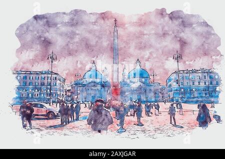 Una vista, in una splendida giornata di sole, di uno dei luoghi più amati della Città Eterna, Piazza del Popolo a Roma Foto Stock