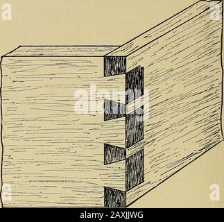 Corso elementare in legno ; progettato per l'uso in scuole superiori e tecniche, con centotrentaquattro illustrazioni, da George Alexander Ross . ESERCIZIO NUMERO 7. CODA DI RONDINE. Uno dei metodi più importanti impiegati dalla giuntatrice è quello chiamato coda di rondine, che è di tre tipi, vale a dire comune, lap, e miter. Commonrondine (vedere Fig. 97) mostra la forma dei perni o delle parti sporgenti, nonché gli scavi effettuati per la loro ricezione. La coda di rondine è simile a questa, ma 72 COUESE ELEMENTARI IN LEGNO. In tale sistema le estremità delle coda di rondine del lato A,Fig. 98, sono shor Foto Stock