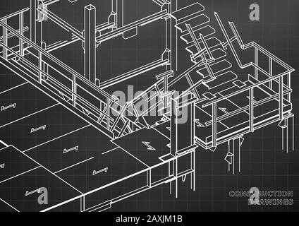 Edificio. Costruzioni metalliche. Costruzioni volumetriche. Design 3D. Sfondi astratti. Sfondo nero. Griglia Illustrazione Vettoriale