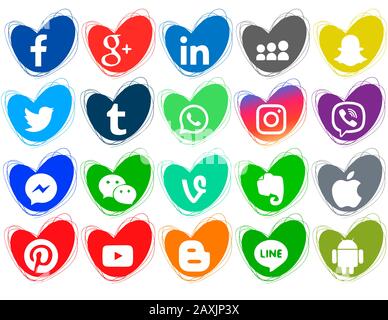 Una raccolta di popolari icone di social media su sfondo bianco. Cuori doodles icone. Colore Illustrazione Vettoriale