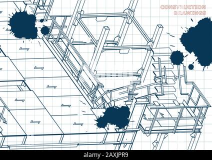 Edificio. Costruzioni metalliche. Costruzioni volumetriche. 3D. Bozza. Inchiostro. Macchie Illustrazione Vettoriale