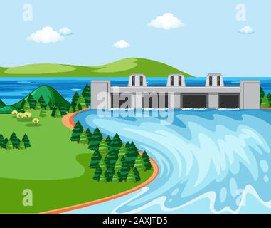 Diagramma che mostra la diga e l'illustrazione del fiume Illustrazione Vettoriale