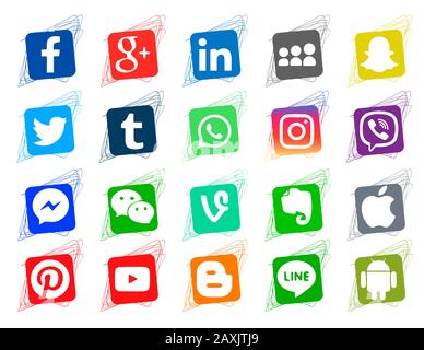 Raccolta di icone popolari di social media su sfondo bianco. Icone colordoodle quadrate Illustrazione Vettoriale