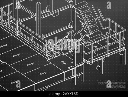 Edificio. Costruzioni metalliche. Costruzioni volumetriche. Design 3D. Sfondi astratti. Sfondo nero. Punti Illustrazione Vettoriale