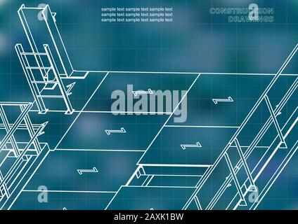 Edificio. Costruzioni metalliche. Costruzioni volumetriche. Design 3D. Sfondo blu. Griglia Illustrazione Vettoriale