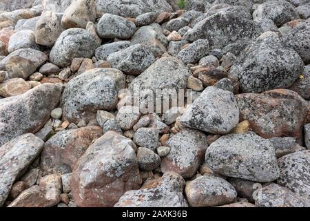 Pietre di granito grigio sulla spiaggia naturale settentrionale. Primo piano rocce grigie texture, superficie ruvida materiale. Per il design, web Foto Stock