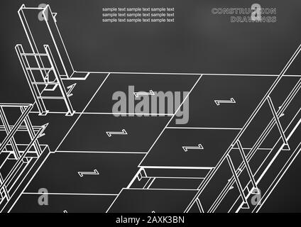 Edificio. Costruzioni metalliche. Costruzioni volumetriche. Design 3D. Sfondo nero Illustrazione Vettoriale