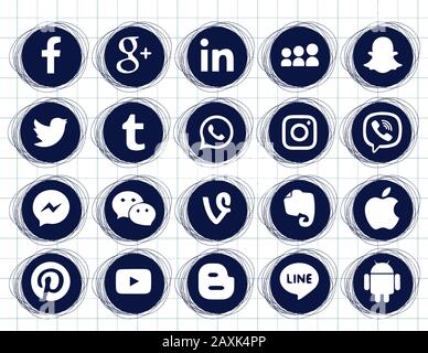 Disegno sul foglio del notebook. Raccolta di icone popolari di social media su sfondo bianco Facebook, Instagram, Linkedin, Pinterest, Twitter, Line. Illustrazione Vettoriale