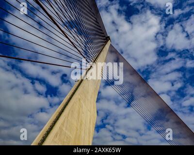 Ponte sospeso di Castilla la Mancha, albero e cavi convergenti. Foto Stock