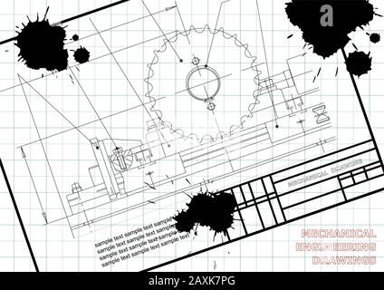 Disegni meccanici su sfondo bianco. Illustrazione tecnica. Telaio. Bozza. Background tecnici. Disegni di ingegneria meccanica. Tecnico Illustrazione Vettoriale