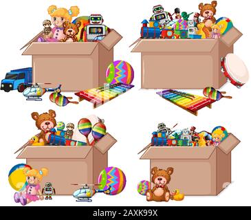Set di scatole piene di giocattoli su sfondo bianco illustrazione Illustrazione Vettoriale