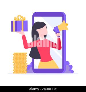 Fare riferimento a un amico appartamento stile design illustrazione vettoriale isolati su sfondo bianco. Donna con megafono e confezione regalo standin fino in smartphone e Illustrazione Vettoriale