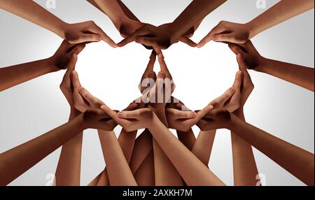 Amore per la diversità e partenariato per l'unità come mani di cuore in gruppi di persone diverse collegate tra loro plasmato come inclusione e inclusione. Foto Stock