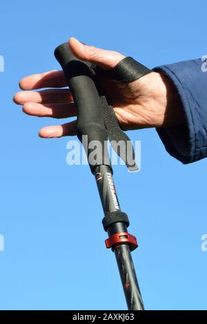 Cinturino da polso su palo da trekking. Passare la mano attraverso il loop dal basso e tirare l'estremità posteriore per regolarla. Uso corretto. Foto Stock