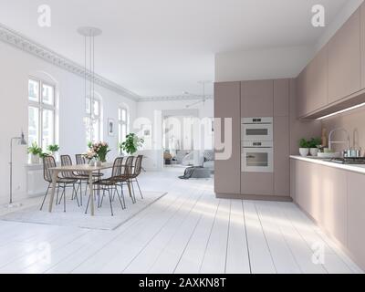 3D-Illustrazione di una cucina nordica in appartamento moderno Foto Stock