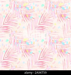 Acquerello artistico di foglie di palma, color pastello coriandoli seamless pattern. Creative sfondo grunge con colorati disegnati a mano i tratti di pennello, tropicali Foto Stock