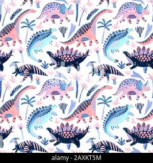 Cartoon carino dinosauri seamless pattern in stile scandinavo. Dipinto a mano acquerello dino carattere, fiori tropicali sfondo. Vivaio arte illust Foto Stock