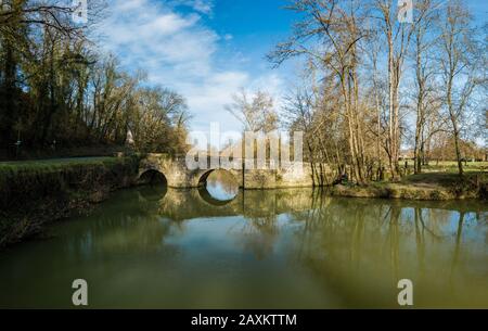 DORDOGNE, PERIGORD POURPRE, EYMET, VEDUTA AEREA DEL PONTE MEDIEVALE DI BRETOU SUL DROPT Foto Stock