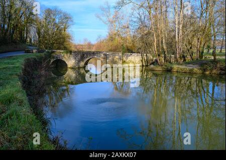 DORDOGNE, PERIGORD POURPRE, EYMET, VEDUTA AEREA DEL PONTE MEDIEVALE DI BRETOU SUL DROPT Foto Stock
