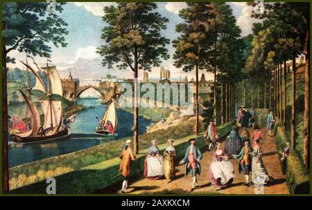 Una stampa colorata del 18th secolo che mostra una vista della città di York (Inghilterra) guardando verso la città dal fiume, mostrando l'ex ponte medievale di Ouse e la Cappella di San Guglielmo ad un'estremità, che più tardi, dopo la riforma, si è trasformata in appartamenti. Fu demolita nel 1810 e l'attuale ponte fu completato nel 1821. Il percorso georgiano o passeggiata nella foto, 'New Walk' è stato creato nel 1730 ed è stato popolare con il gentry che lo ha visto come uno spazio tranquillo per la moda consapevole di passeggiare e socializzare lontano dalle strade strette e trafficate della città. Foto Stock