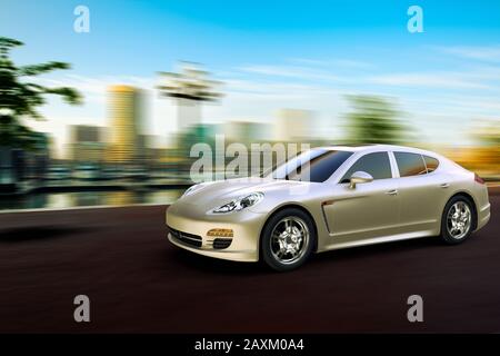 3D rendering di un'auto sportiva a velocità veloce di fronte allo skyline di Baltimora Foto Stock